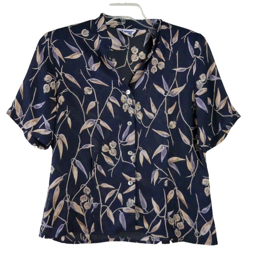 Pendleton Size Petite 12 Floral Short Sleeve Blouse Pullover Black Semi Sheer